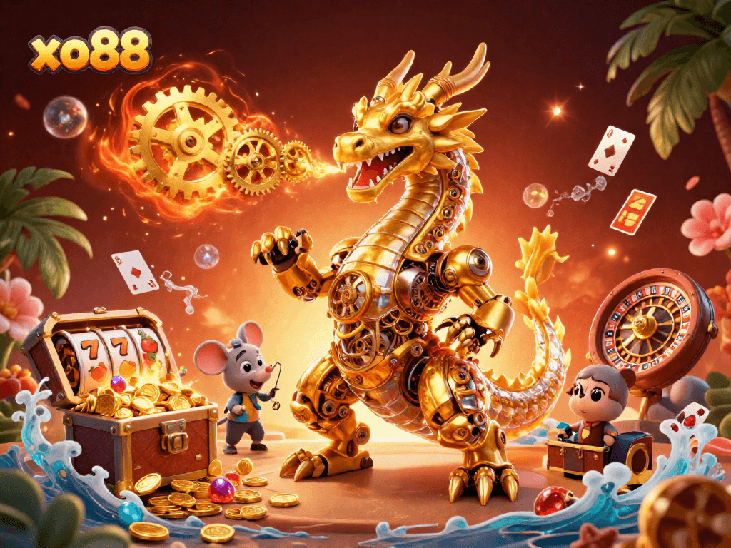 Experience the thrill of winning at xo88 with a dynamic illustration of a dragon and game elements.