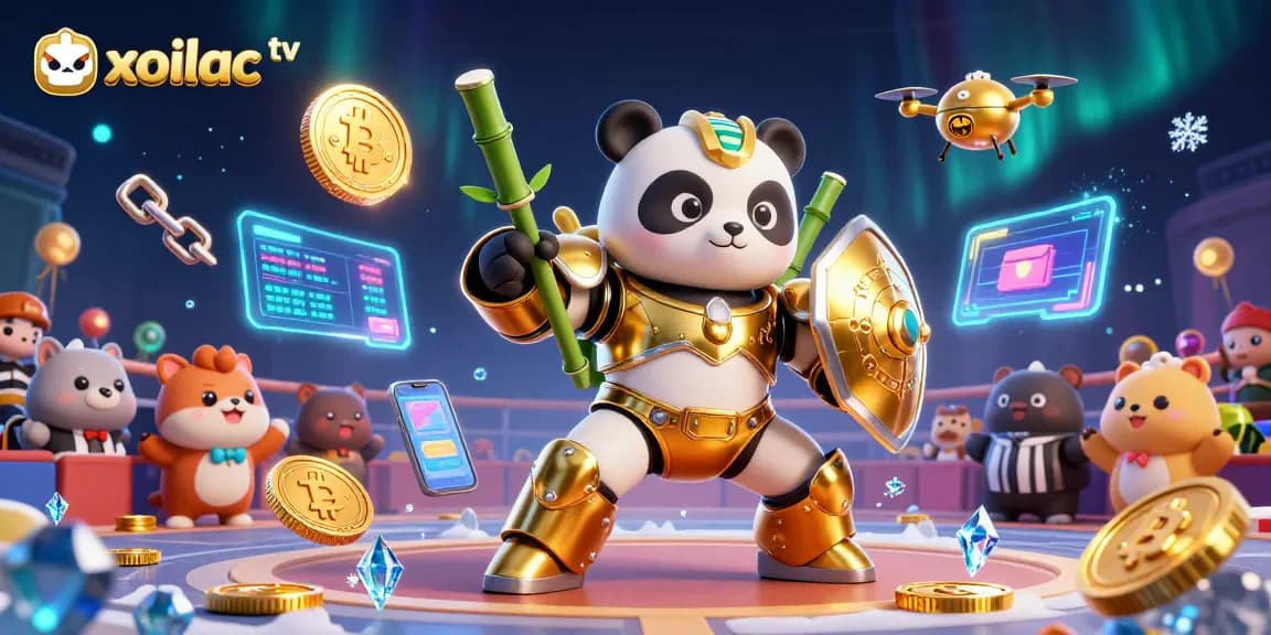 Experience thrilling action with xoilac tv in a 3D panda mech-battle arena surrounded by vibrant cryptocurrency elements.
