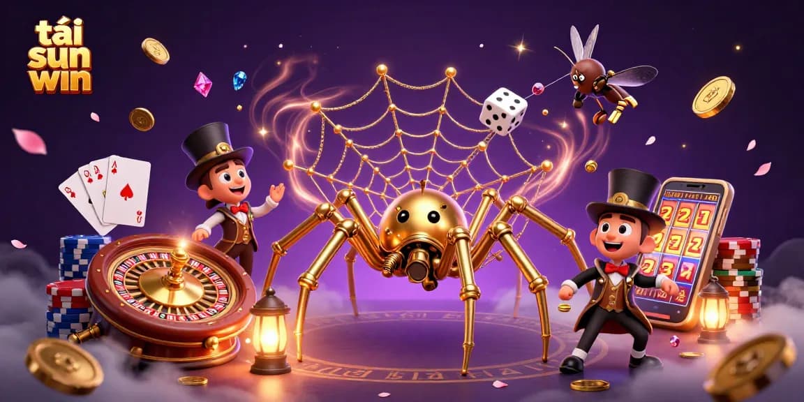 Experience the thrill of tải sun win with a vibrant 3D scene of a steampunk spider and casino elements.