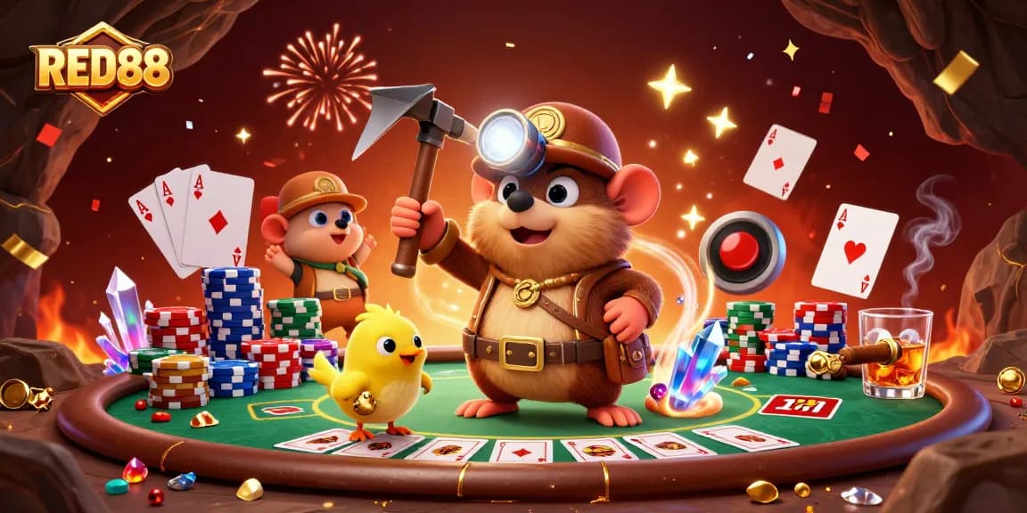 Experience thrilling gameplay with RED88 featuring a treasure hunter mole, poker elements, and dynamic casino atmosphere.