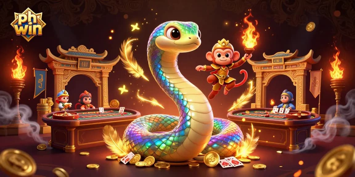 Spin at the ph win online casino featuring a colorful rainbow serpent and thrilling gameplay elements.
