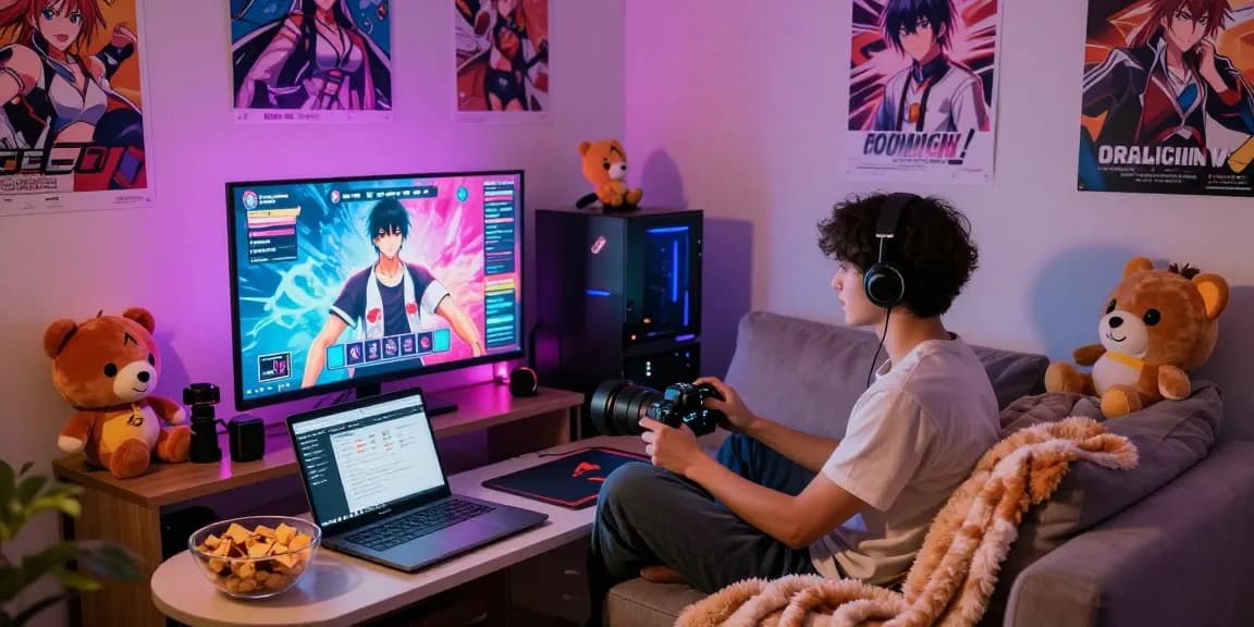Engaging scene of playing online ecchi games in a cozy room with snacks and gaming accessories.