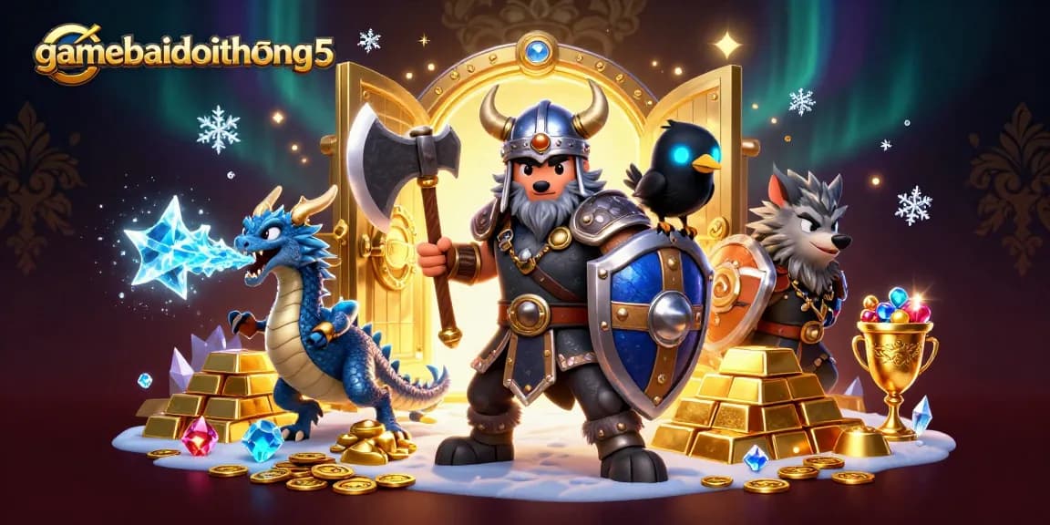 Experience thrilling wins with gamebaidoithuong5, featuring Viking warrior and dragon in a rich casino treasure scene.