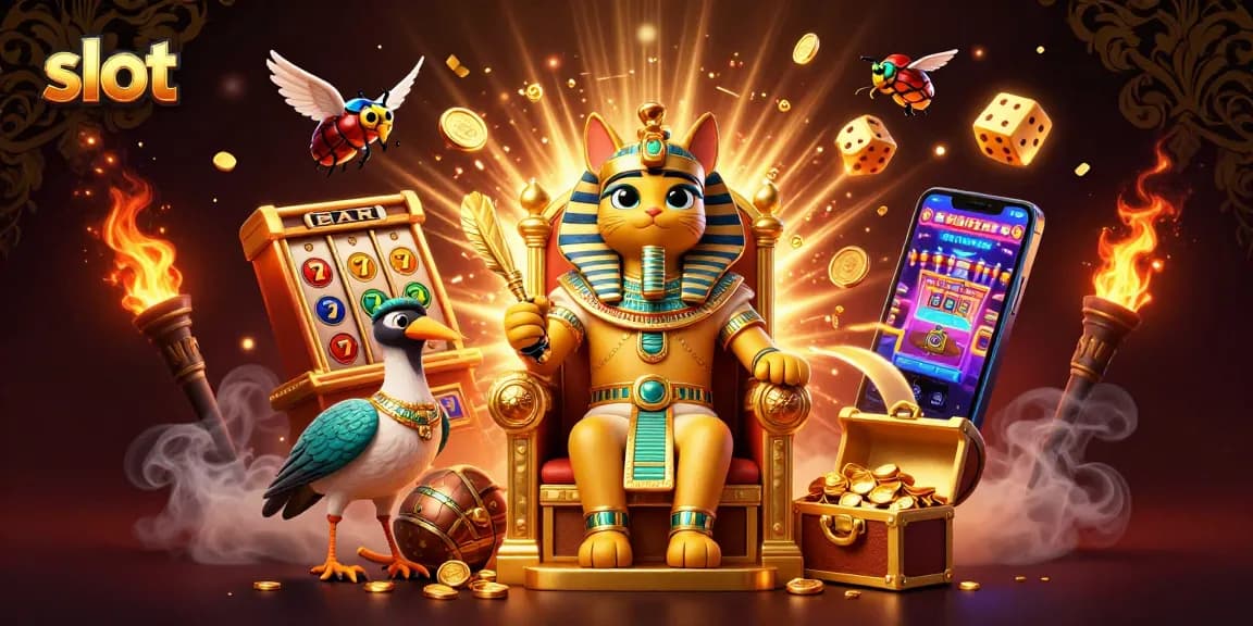 Spin the slot reels with a vibrant Egyptian-themed illustration showcasing a pharaoh cat and jackpot excitement.