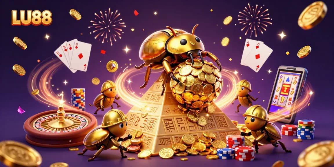 Experience thrilling wins at LU88 with a majestic golden dung beetle and casino symbols.