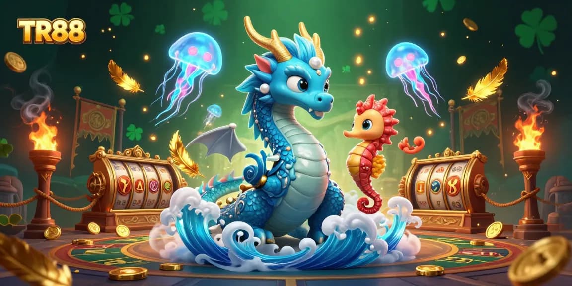 Experience the thrill of TR88 with the majestic water dragon amidst vibrant casino elements.