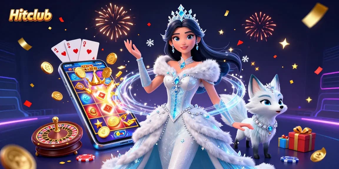 Engage with Hitclub's thrilling gaming experience amidst sparkling confetti and dynamic casino elements.