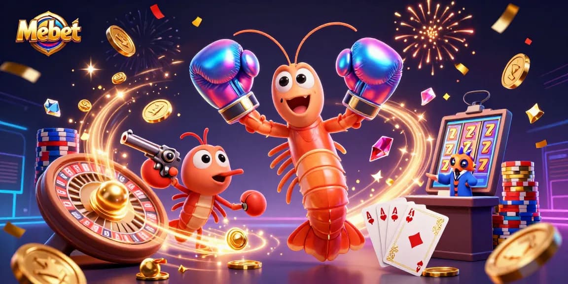 Mebet gaming illustration showing a mantis shrimp, pistol shrimp, and coral grouper celebrating a jackpot.
