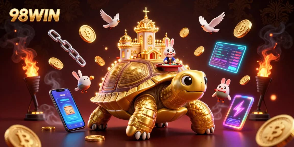 Engage with 98WIN's vibrant casino scene featuring a golden tortoise and a rabbit dealer.