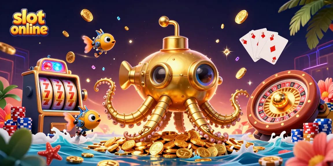 Engage with exciting slot online adventures featuring a golden kraken submarine and casino elements.
