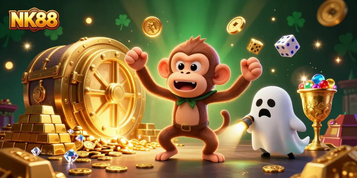 NK88 showcases a thrilling casino scene with a poltergeist monkey juggling gold while a puppy hunts ghosts.