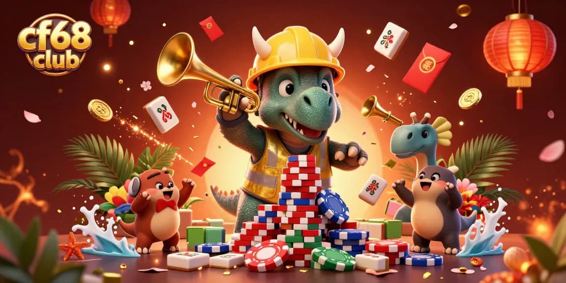The triceratops at cf68 club builds a poker chip pyramid, celebrating vibrant casino elements.