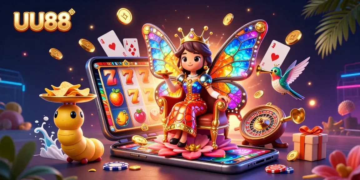 Spin the reels at UU88 with a colorful casino illustration showcasing a butterfly queen, lively games, and vibrant rich details.