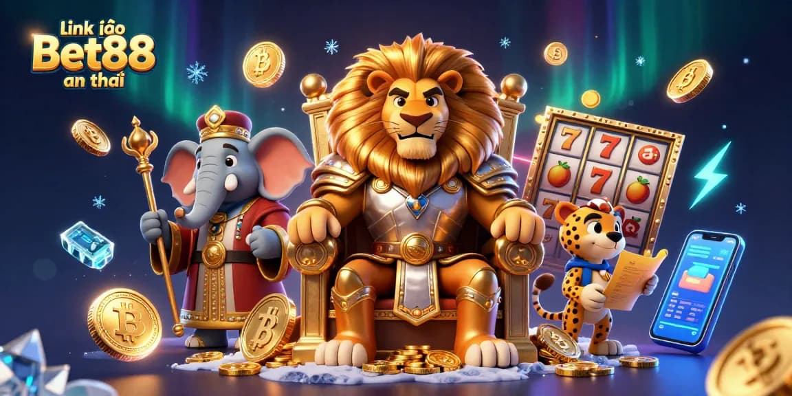 Experience the thrill with link vào Bet88 an toàn, featuring a majestic lion king and riches in a vibrant casino scene.