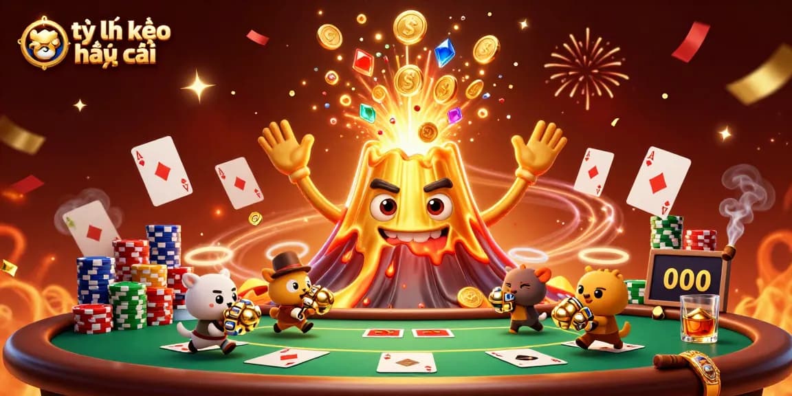 Engaging scene showcasing tỷ lệ kèo nhà cái with a golden volcano, poker elements, and treasures for gamblers.