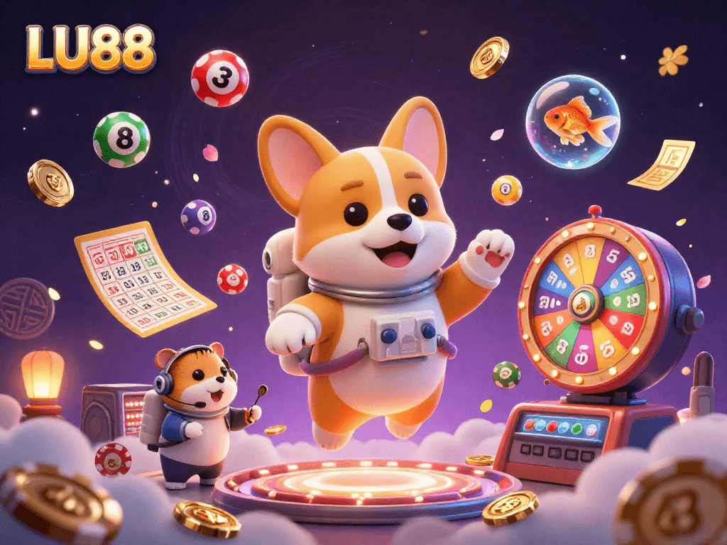 Engage with LU88 in a vibrant space casino, as a corgi and friends explore games amidst colorful dynamics.