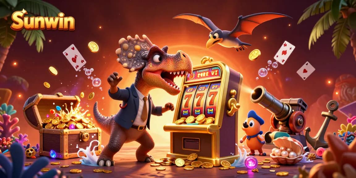 Experience the excitement as Sunwin's characters interact in a vivid casino scene filled with jackpot fun.