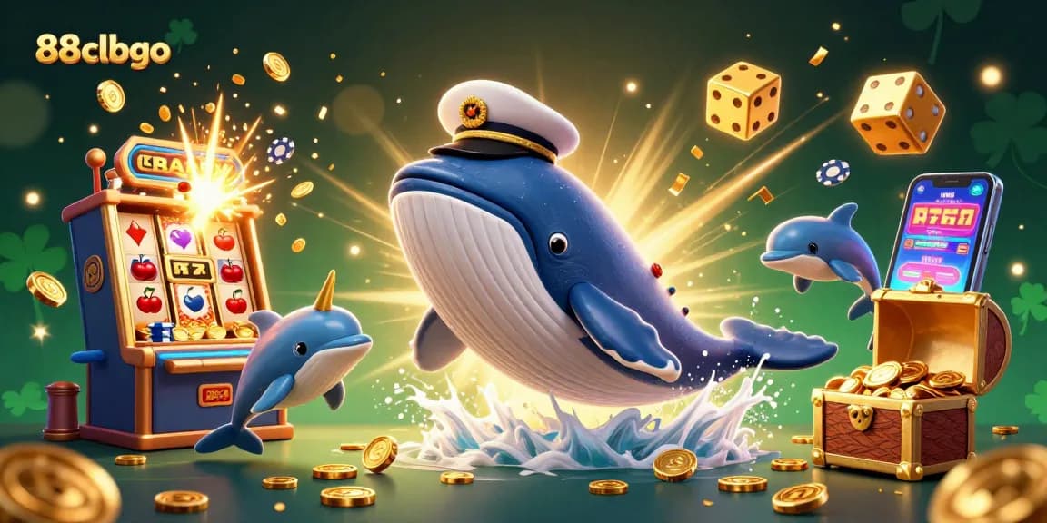 Engage in thrilling action with 88clbgo, featuring a cartoon whale and dolphins amid a coin explosion.