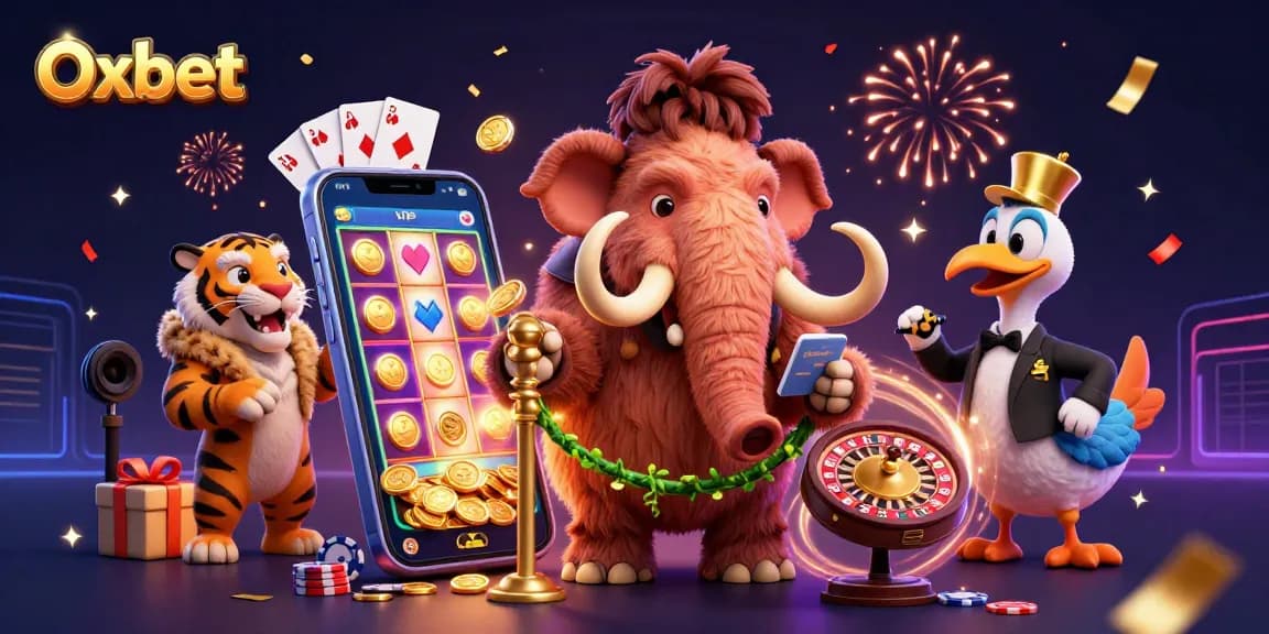 Experience the excitement at Oxbet, where a woolly mammoth bouncer greets VIP guests in a dynamic casino scene.