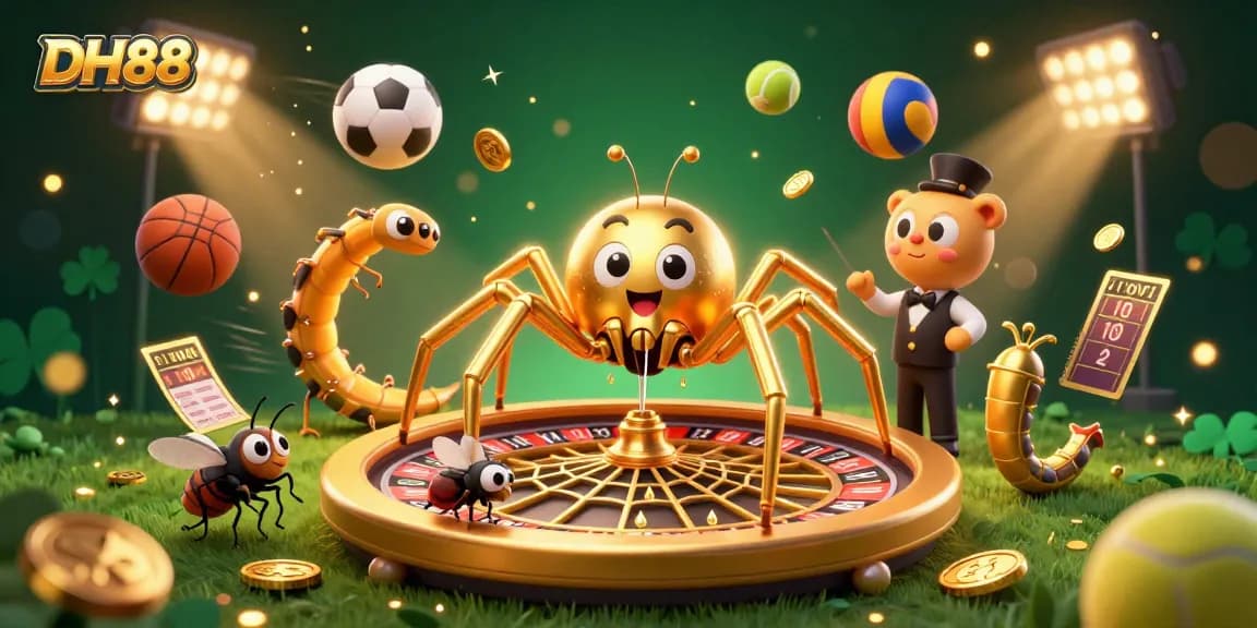 Experience thrilling bets at DH88 with a dynamic 3D scene featuring a spider roulette and energetic sports elements.