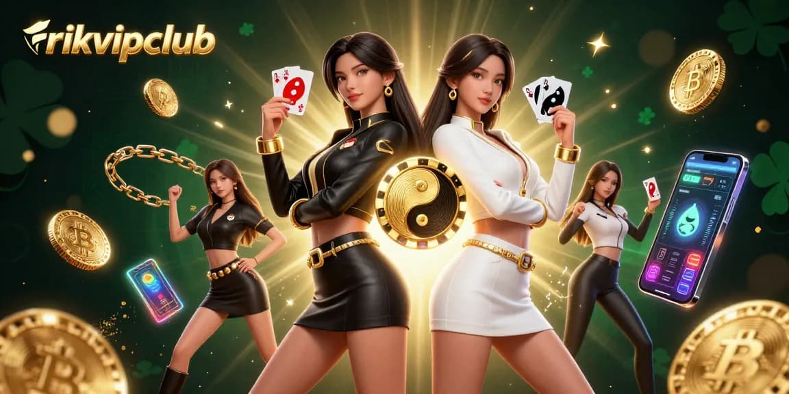 Engage with rikvipclub's vibrant casino scene showcasing twin Asian women holding playing cards.