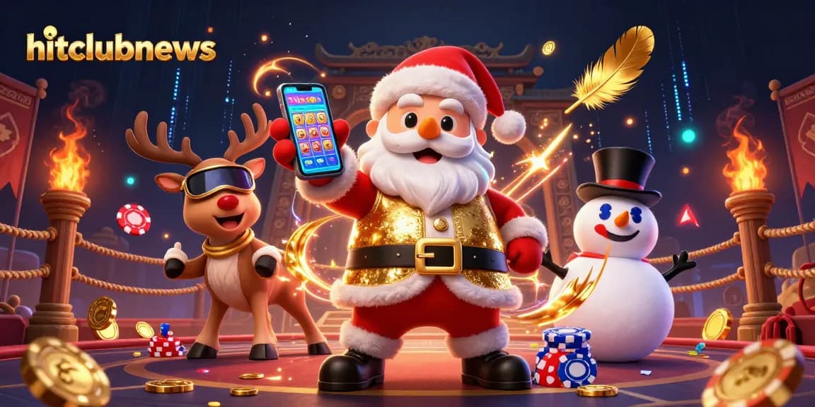 Engage with slot games at hitclubnews while enjoying festive characters in a dynamic casino scene.