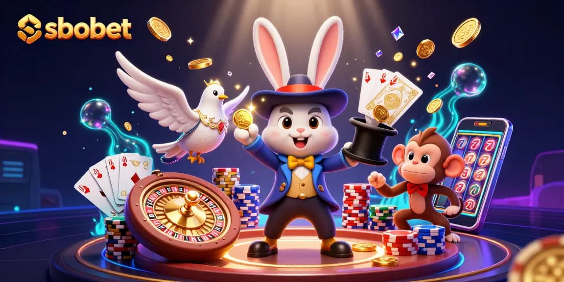 SBOBET magician rabbit conjures coins in a vibrant casino scene with poker chips and roulette.