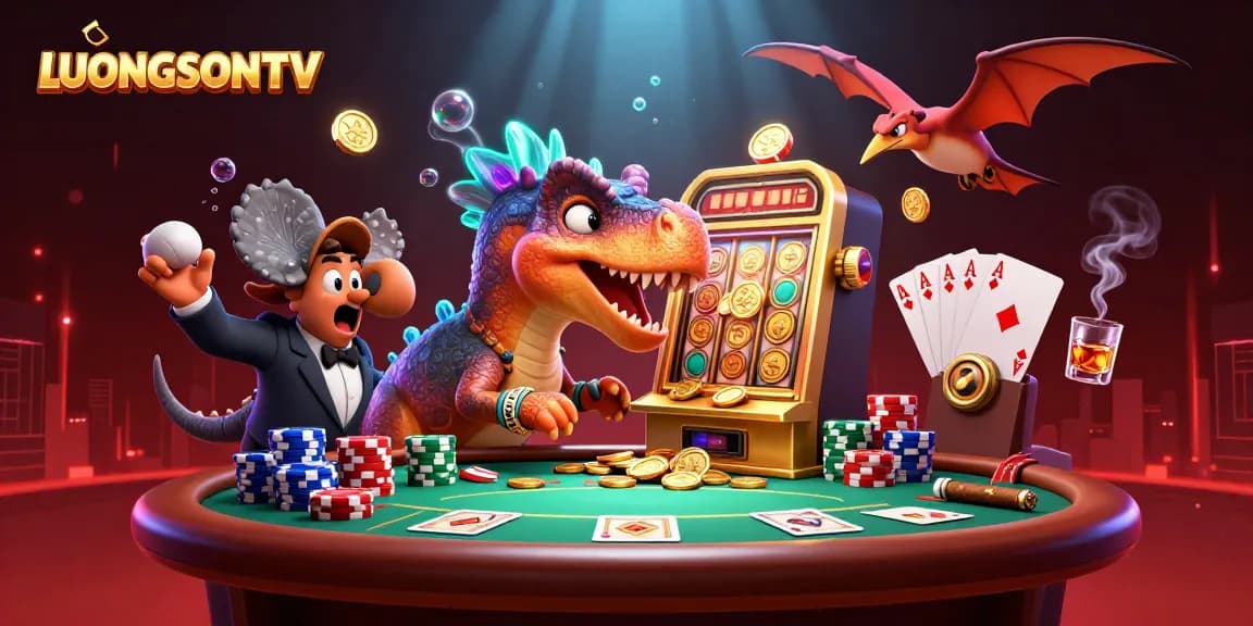LUONGSONTV features a pachycephalosaurus triggering a jackpot while a casino manager looks on.
