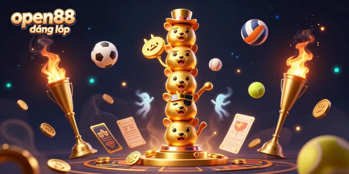 Experience vibrant games and fun at open88 đăng nhập with a 3D casino totem pole illustration.