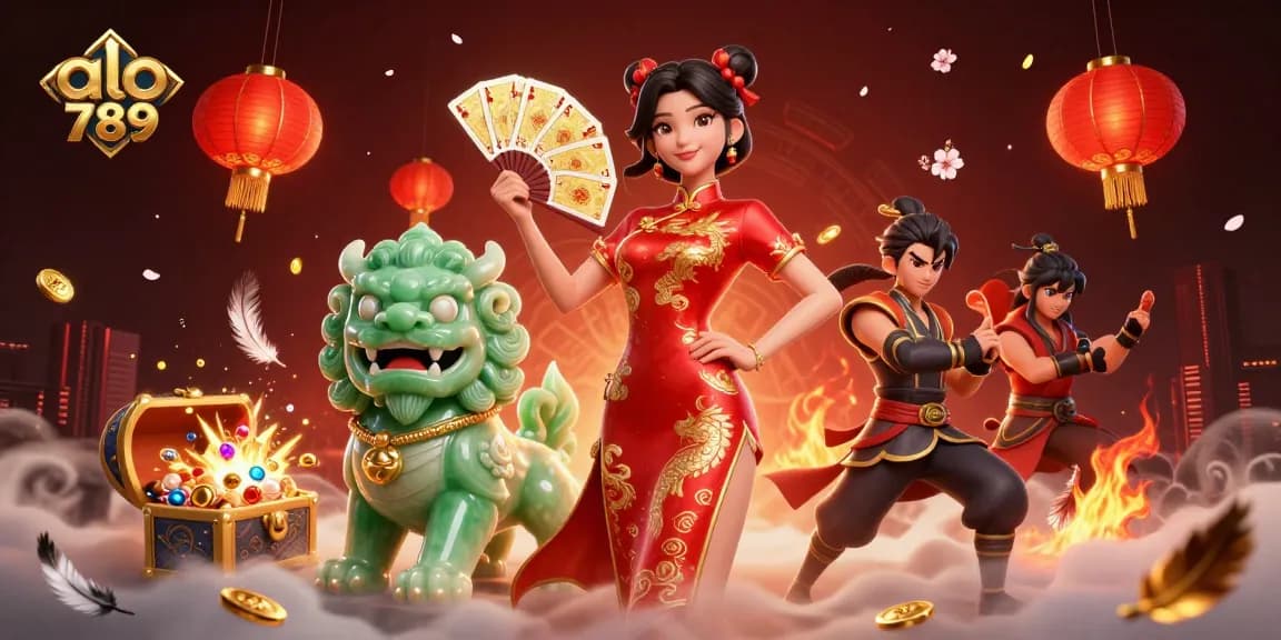 Alo 789 attracts players with a dynamic scene of a Chinese woman in a qipao holding cards, surrounded by cockfighting elements.