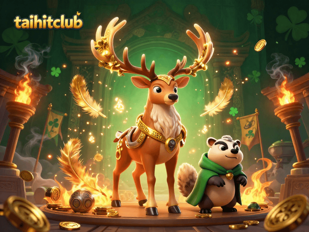 Experience epic gameplay with taihitclub amidst a dynamic casino scene featuring mystical creatures and golden treasures.