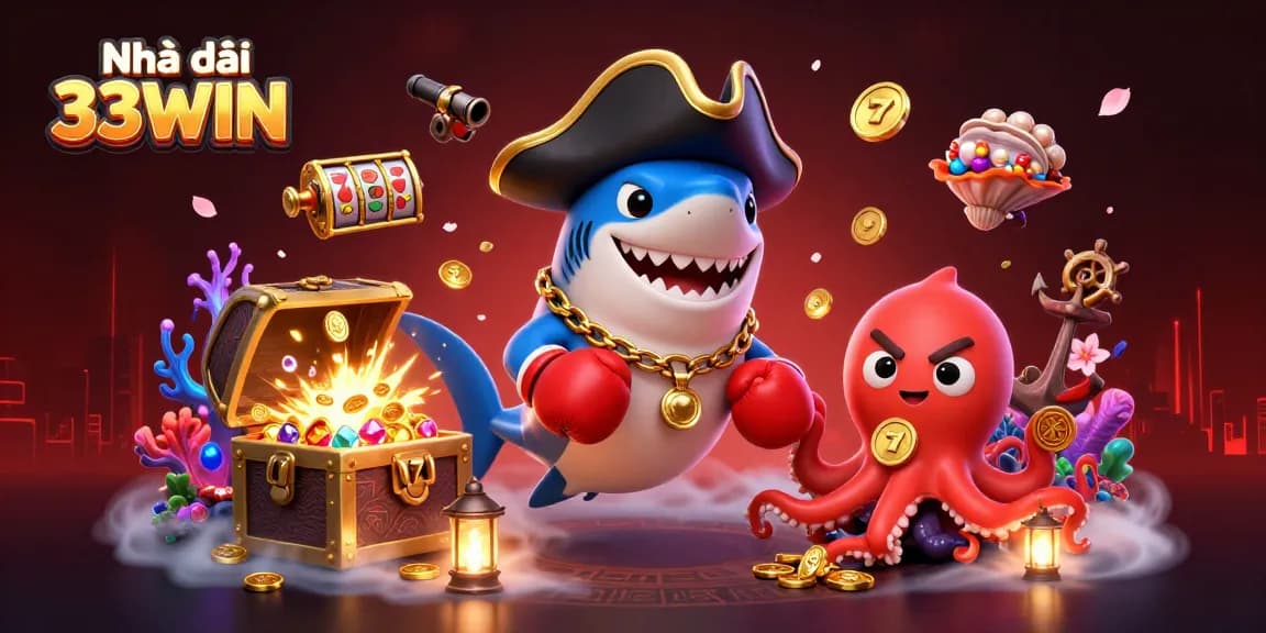 Experience the thrill at Nhà cái 33WIN with an underwater adventure featuring a playful pirate shark and friends.