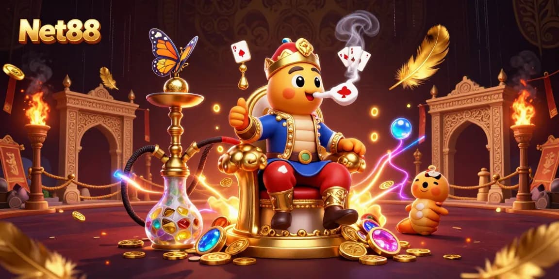 Experience rich casino gaming atmosphere with Net88’s vibrant illustration of a whimsical hookah-master and golden elements.
