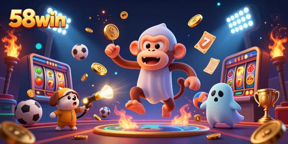 Experience the excitement of 58win in a vibrant 3D gambling scene featuring a poltergeist monkey and ghost-hunter puppy.