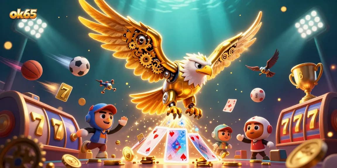 Experience thrilling ok65 slot game action with dynamic holographic cards and golden elements.