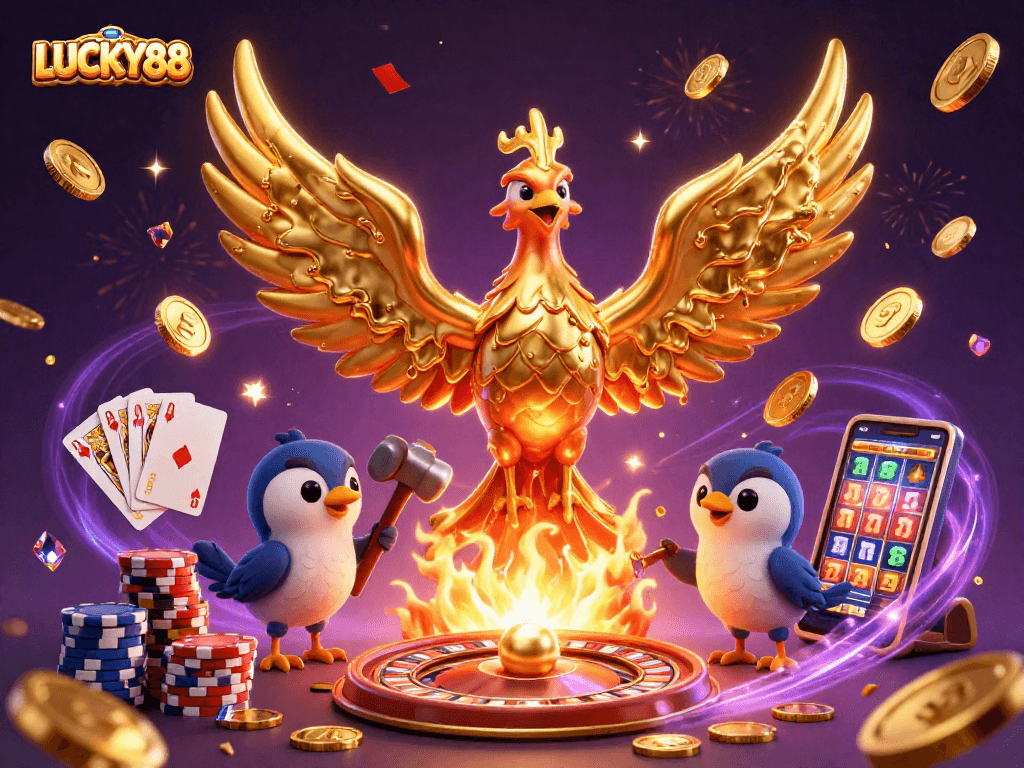 LUCKY88's vibrant casino scene with a golden phoenix and exciting gaming elements.