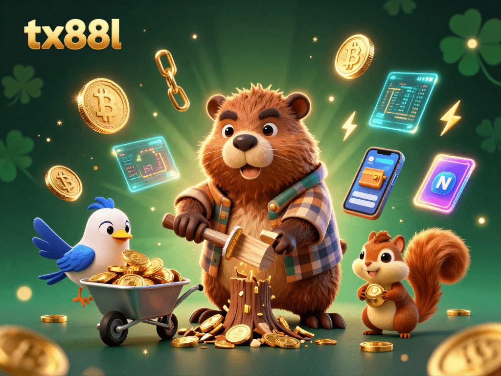 Experience the excitement of tx88l as a beaver chops a tree raining golden coins, showcasing vibrant casino elements.