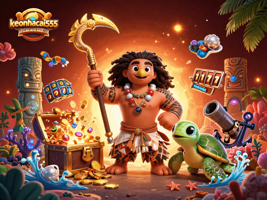 Engage with keonhacai555 slots as a Polynesian demigod character explores a vibrant casino world.