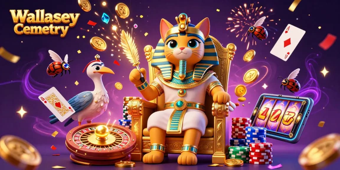 Experience Wallasey Cemetery's enchanting gaming scene with a pharaoh cat, coins, and roulette.