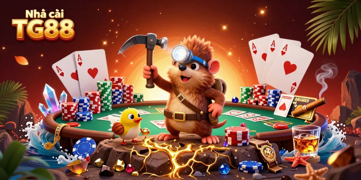 Engage in thrilling adventures at Nhà cái TG88 with treasures and poker excitement in a vibrant 3D illustration.
