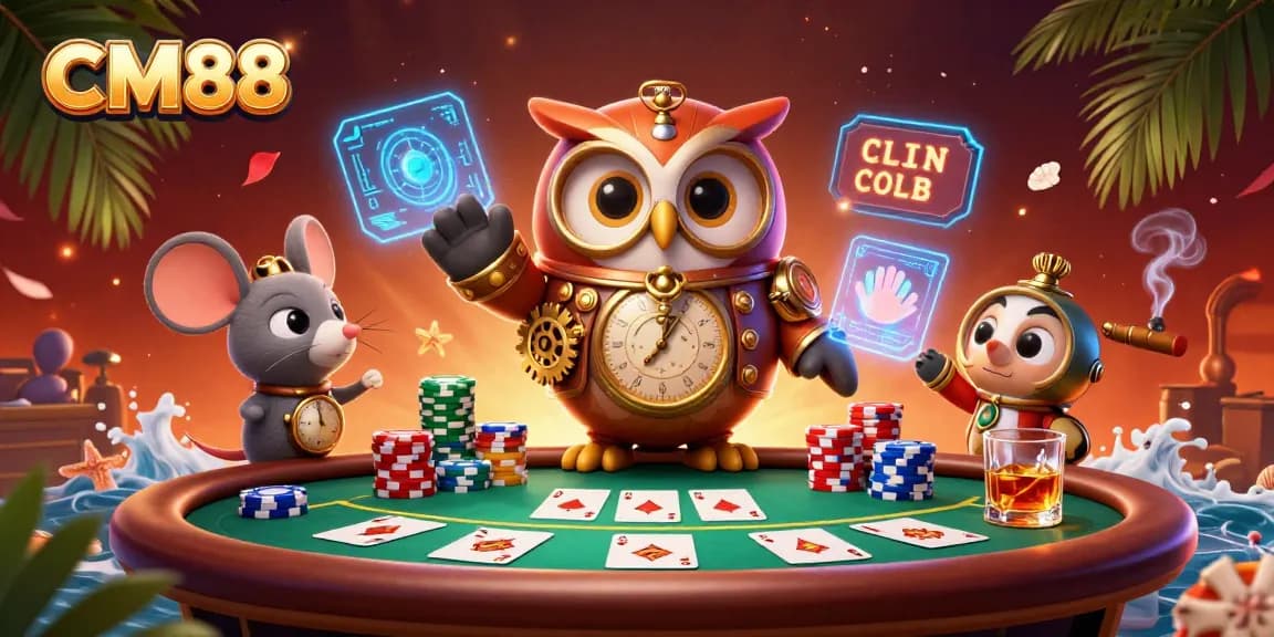 Win big with CM88 as a time-traveler owl in a steampunk casino setting, exhibiting vibrant action.