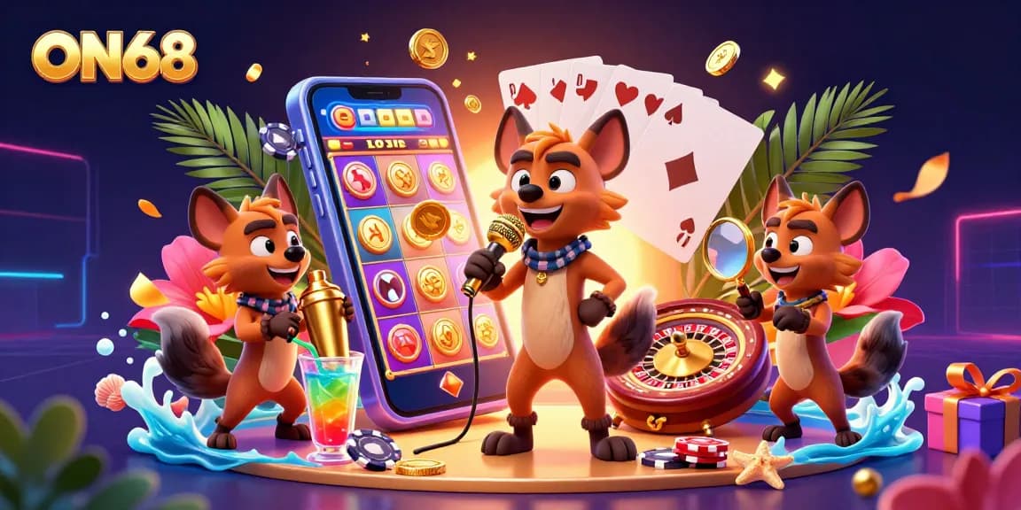 Experience the vibrant fun of ON68 with hyenas in a lively casino scene showcasing comedy, drinks, and games.