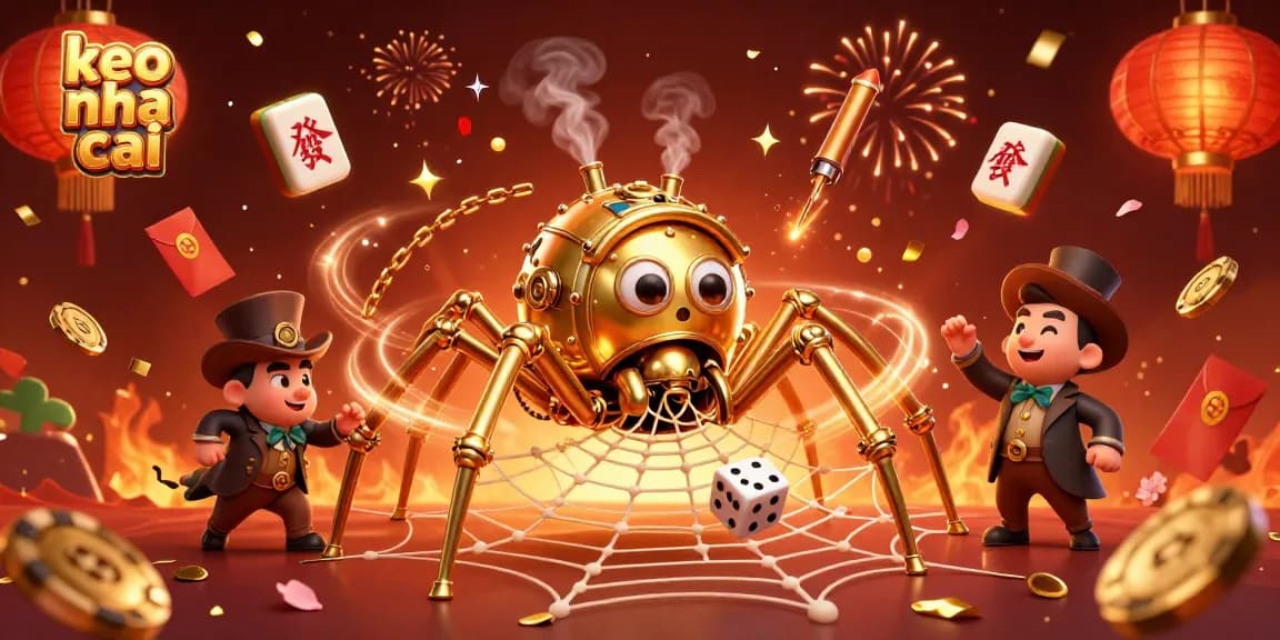 Engage in thrilling action with keo nha cai, showcasing a steampunk spider entangled in webs of luck and strategy.
