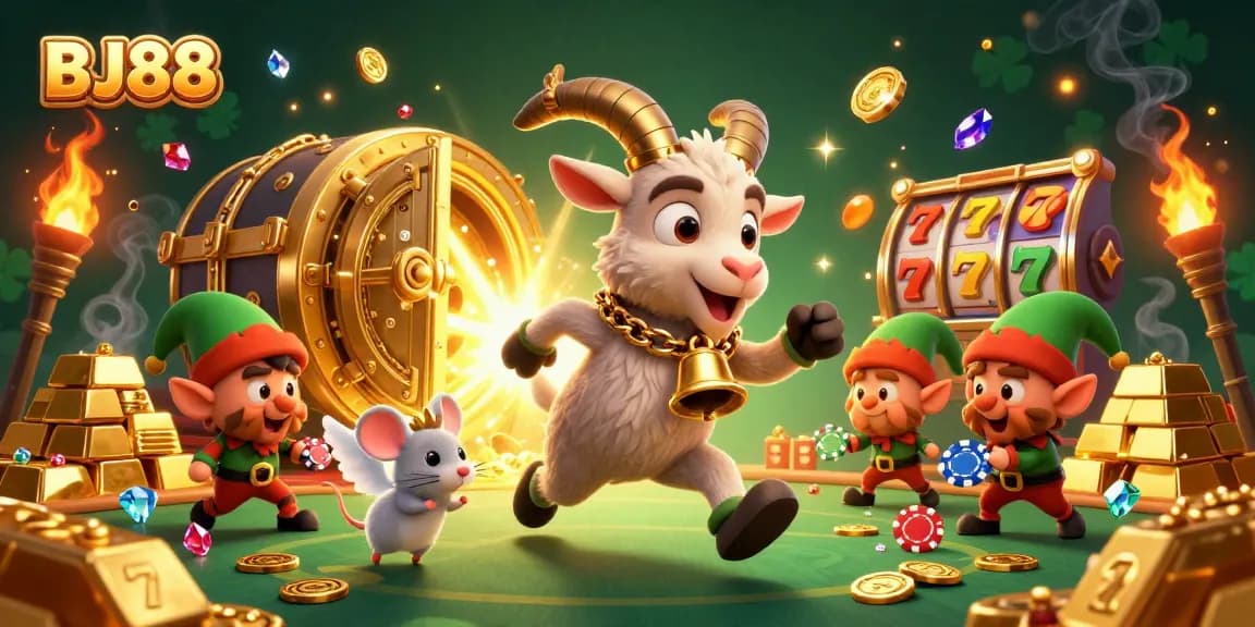 Experience the thrill of BJ88 with a vibrant casino scene featuring a festive Krampus goat surrounded by dazzling treasures.