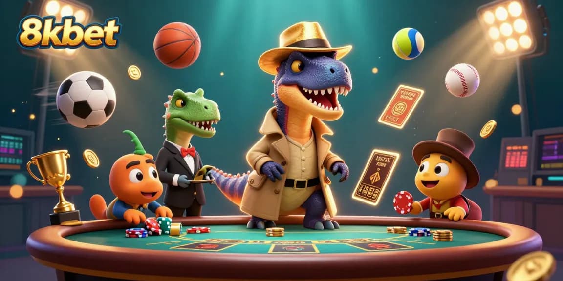 An engaging illustration of 8xbet featuring a velociraptor at a blackjack table amid vibrant sports elements and a dynamic casino atmosphere.
