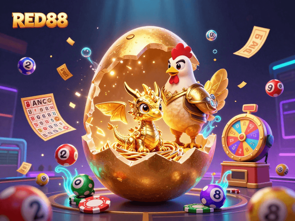 RED88 showcases a vibrant scene of a baby dragon and golden elements within a thrilling casino setting.