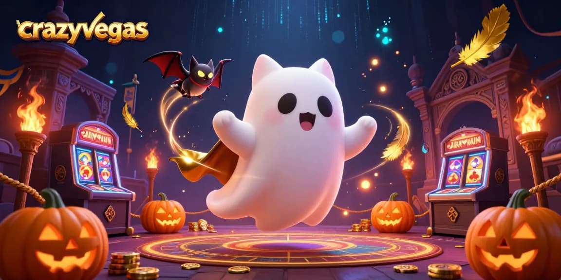 Engage with crazyvegas amidst haunted casino elements featuring a friendly ghost cat and vibrant tokens.