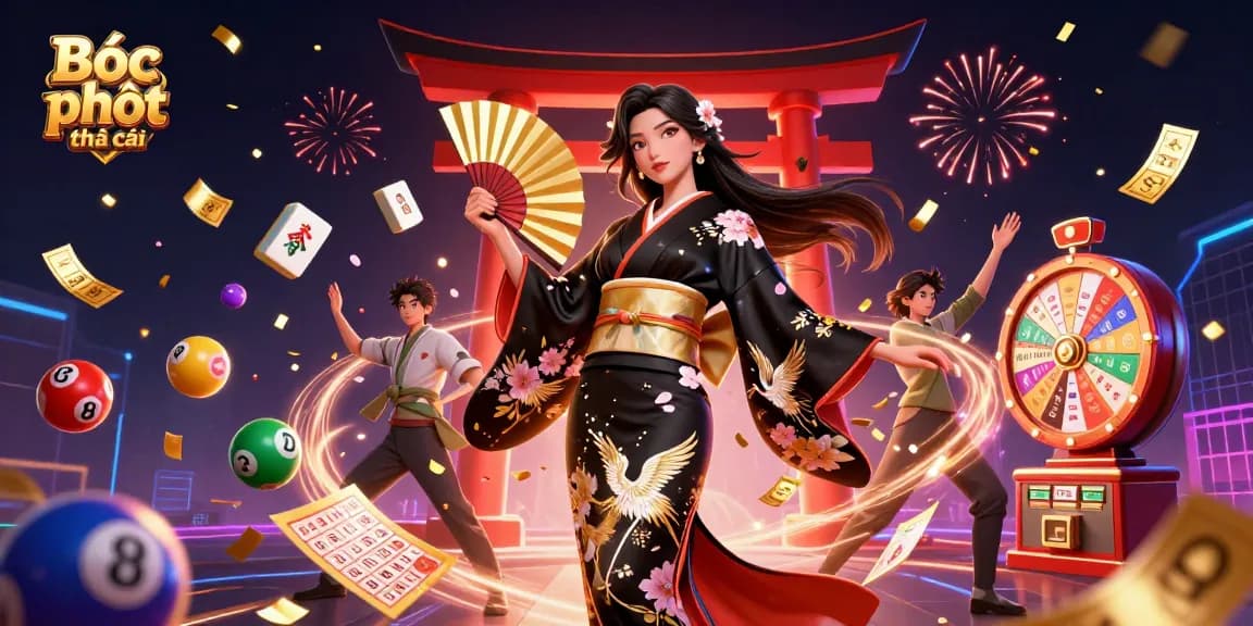 Win big with "Bóc phốt nhà cái" featuring an elegant Asian woman promoting gambling excitement.