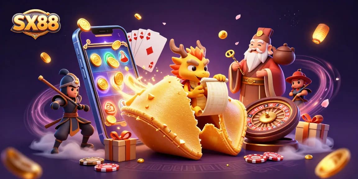 SX88 unleashes golden fortune as a wise dragon reveals the bounty of a cracked fortune cookie amidst vibrant casino elements.