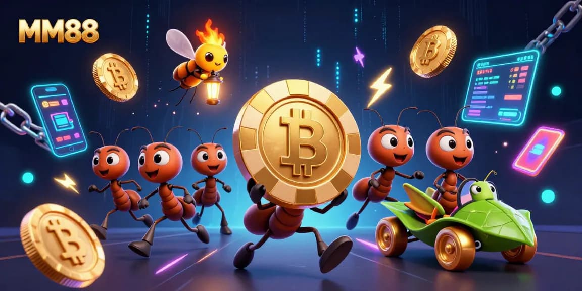 MM88 offers vibrant 3D scenes with ants carrying a giant poker chip amidst a digital casino atmosphere.